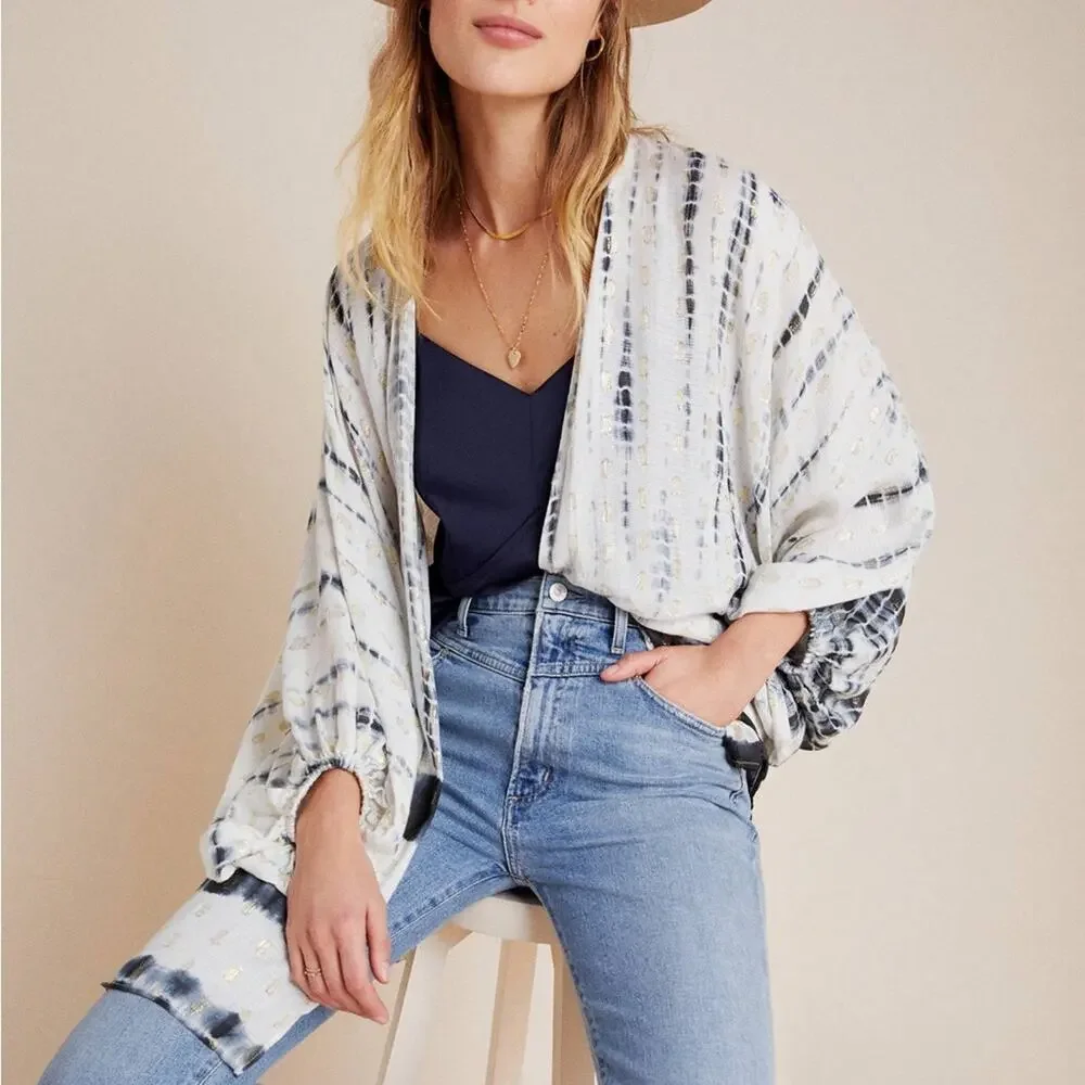 Anthropologie Vada White Blue Gold Shimmer Cocoon Kimono Women’s One Size - Picture 1 of 12